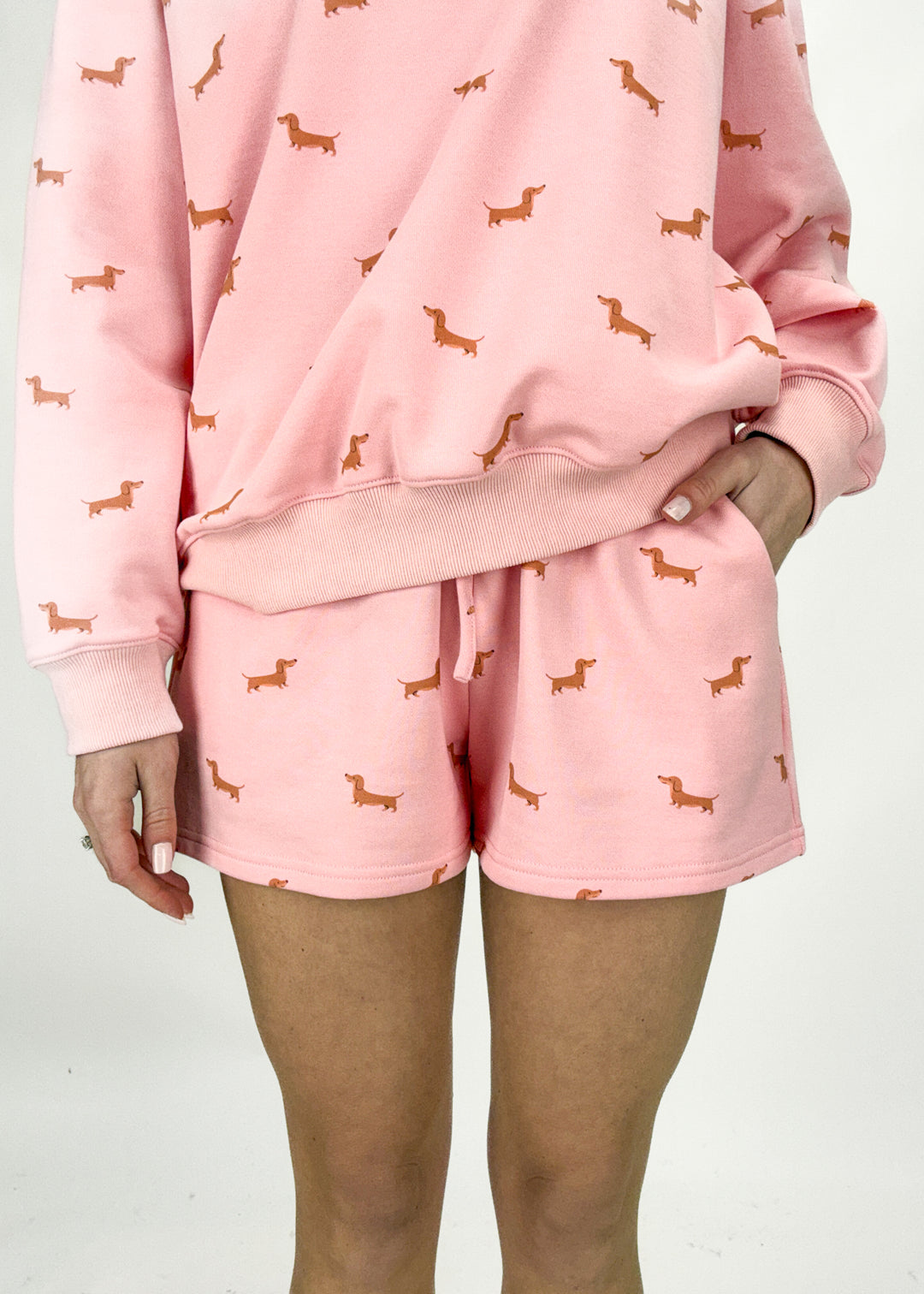 Pink pajama set with dachshund pattern on a white background