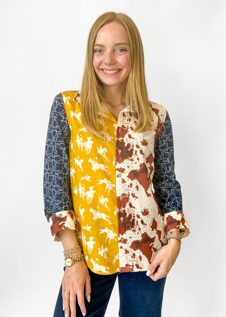 Woman wearing western patterned patchwork top