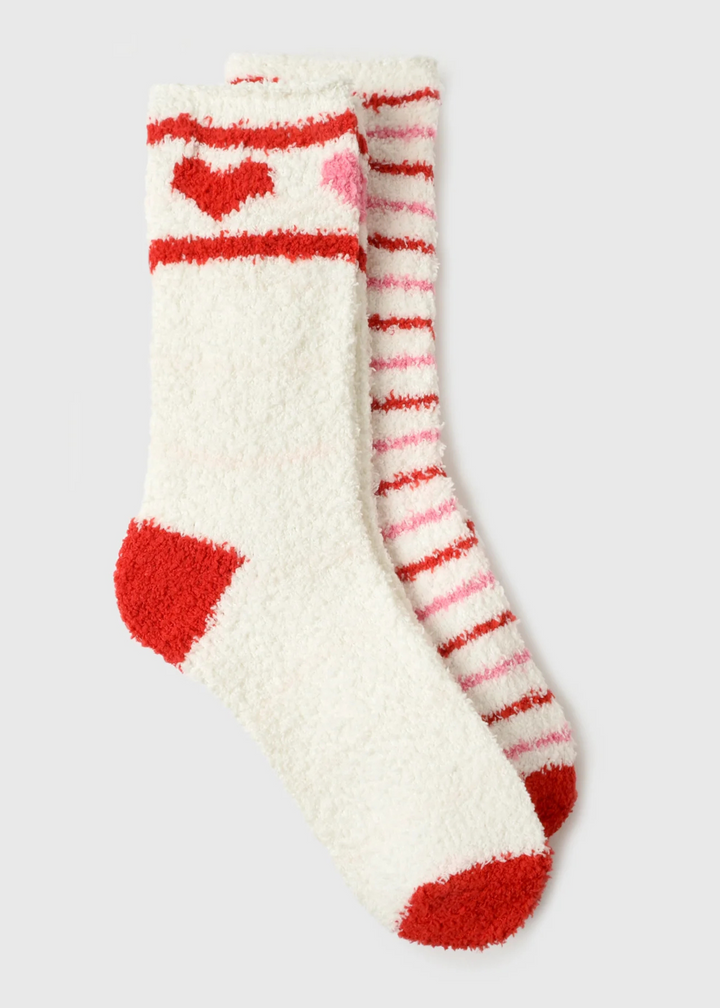 2 pack of socks. One off white with red and pink hearts and off white sock with pink and red stripes