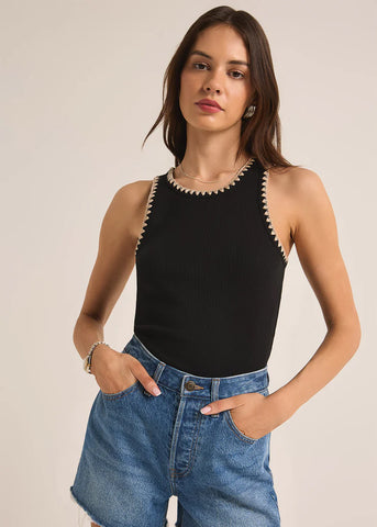 black knit tank top with tan whipstitch trim on collar and sleeves
