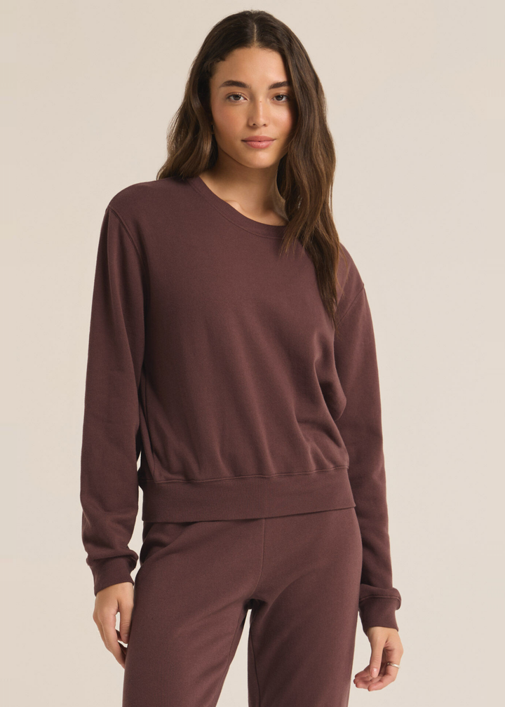 dark brown hip length crew neck women's sweatshirt