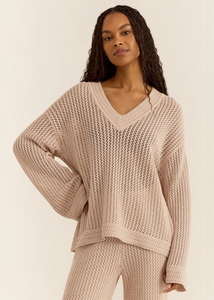 natural tan knit wide sleeve v neck sweater