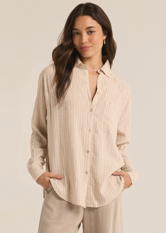 tan linen collared button down with white pinstripes and collared fit 