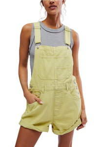 neon green short cuffed overalls with chest pockets 